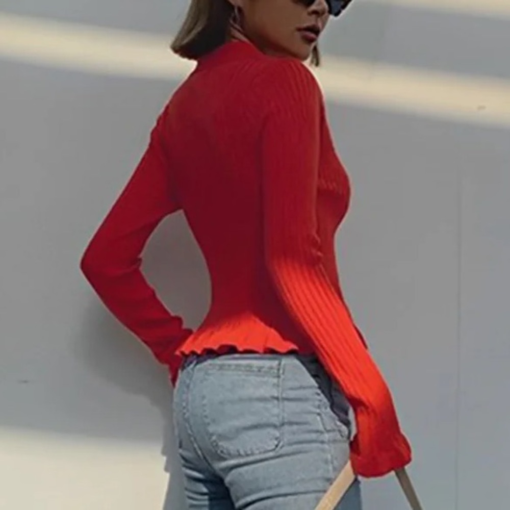 Commense Red Cardigan Ruffled Trim Pearl Button Long Sleeve SZ M NWT - Picture 2 of 12